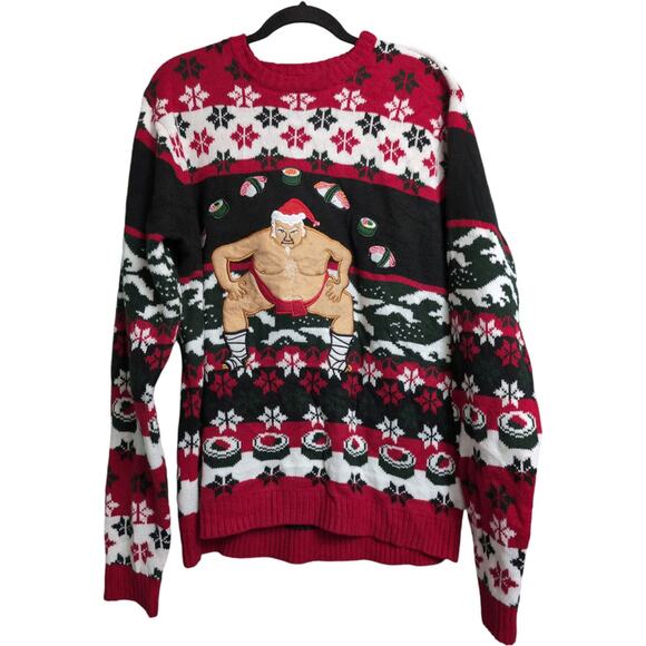 Blizzard Bay Red Ugly Christmas Sumo Santa Sushi Crew Neck Sweater Size XL - Picture 1 of 7